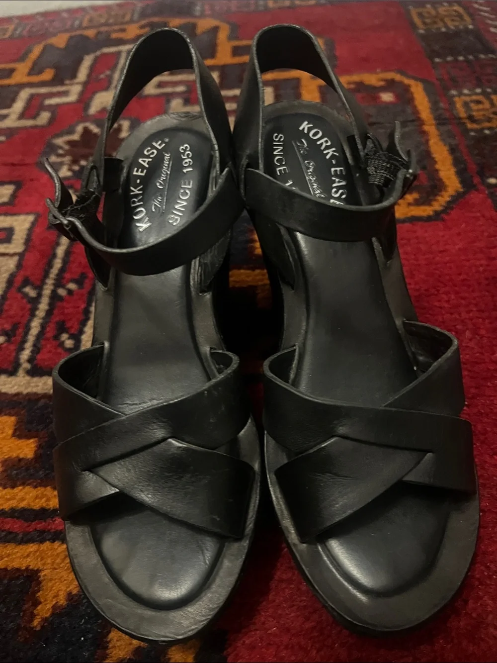 Kork-Ease Black Leather Wedge Slingback Sandals